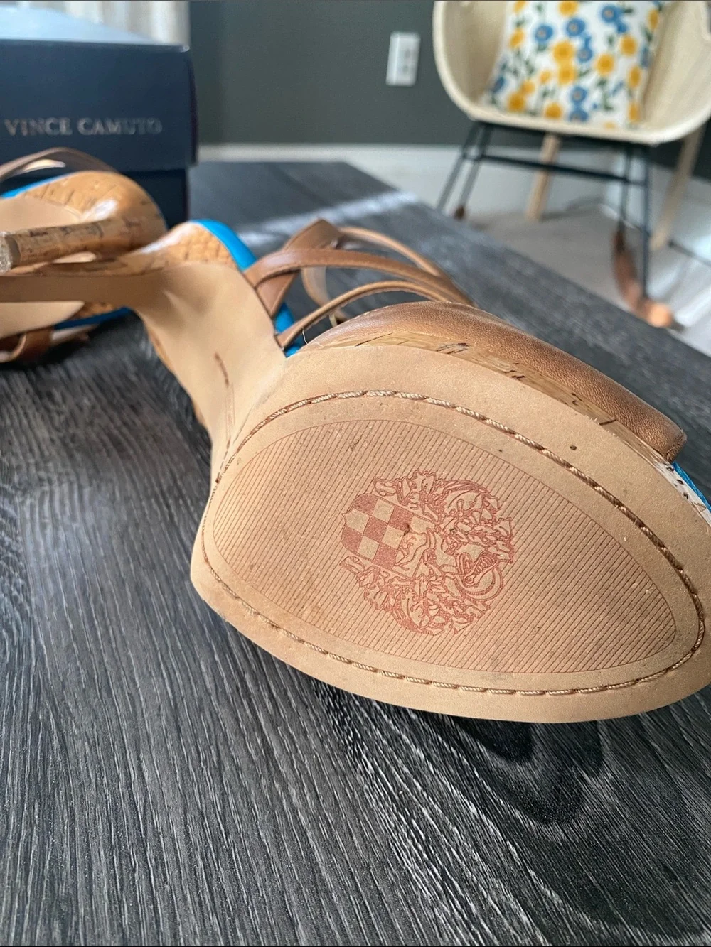 Vince Camuto Brown Leather Jeweled Wedge Sandals with Bright Blue Insole